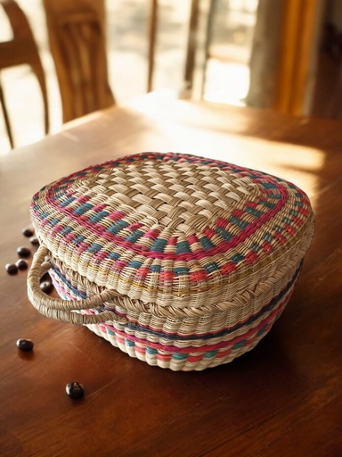 Esparto Basket with Closure. Natural with Color Details.