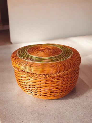 Tall Esparto Basket with Lid. Orange with Green Details.