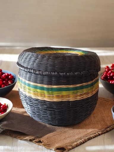 Tall Esparto Basket with Lid. Black with Multicolor Details.